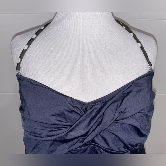 Charcoal gray tankini top. Halter top with olive green and white polka dots - Picture 5 of 8